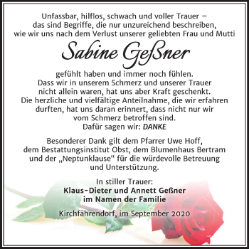 Traueranzeige von Sabine Geßner von Super Sonntag Merseburg/Querfurt