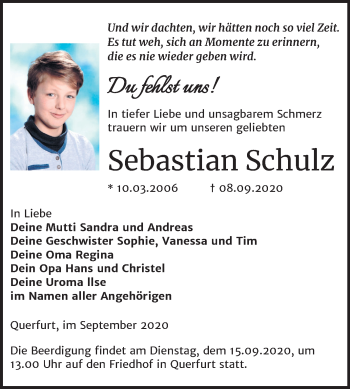 Traueranzeige von Sebastian Schulz von Super Sonntag Merseburg/Querfurt