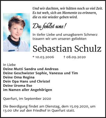 Traueranzeige von Sebastian Schulz von Mitteldeutsche Zeitung Merseburg/Querfurt