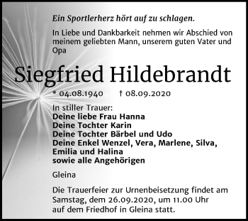 Traueranzeige von Siegfried Hildebrandt von Wochenspiegel Naumburg/Nebra