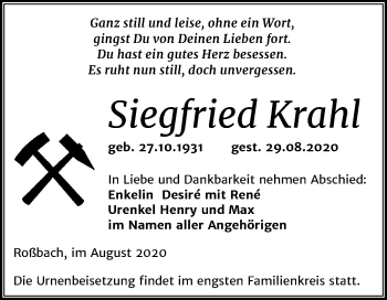 Traueranzeige von Siegfried Krahl von Mitteldeutsche Zeitung Merseburg/Querfurt