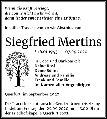Traueranzeige von Siegfried Mertins von Mitteldeutsche Zeitung Merseburg/Querfurt