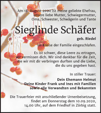 Traueranzeige von Sieglinde Schäfer von Wochenspiegel Bitterfeld