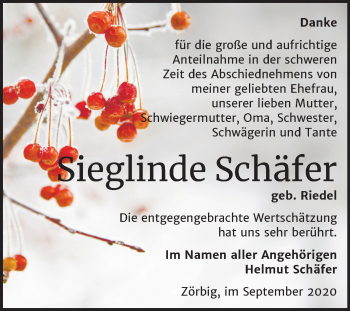 Traueranzeige von Sieglinde Schäfer von Wochenspiegel Bitterfeld