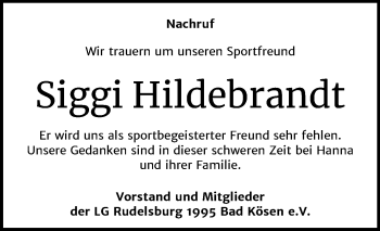 Traueranzeige von Siggi Hildebrandt von Wochenspiegel Naumburg/Nebra