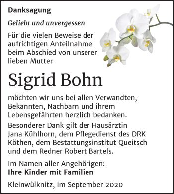 Traueranzeige von Sigrid Bohn von Super Sonntag Köthen
