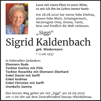 Traueranzeige von Sigrid Kaldenbach von Mitteldeutsche Zeitung Dessau-Roßlau