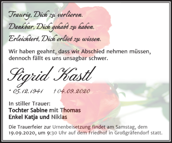 Traueranzeige von Sigrid Kastl von Super Sonntag Merseburg/Querfurt