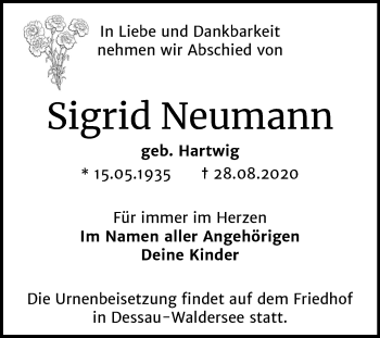 Traueranzeige von Sigrid Neumann von Super Sonntag Dessau-Roßlau