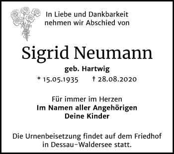 Traueranzeige von Sigrid Neumann von Mitteldeutsche Zeitung Dessau-Roßlau