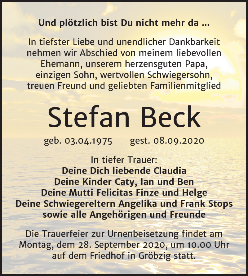  Traueranzeige für Stefan Beck vom 19.09.2020 aus Super Sonntag Köthen