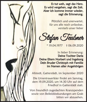 Traueranzeige von Stefan Teubner von Mitteldeutsche Zeitung Merseburg/Querfurt / Sangerhausen