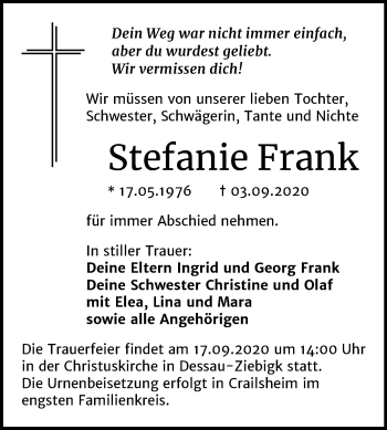 Traueranzeige von Stefanie Frank von Mitteldeutsche Zeitung Dessau-Roßlau