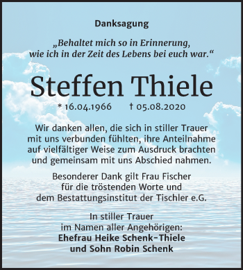 Traueranzeige von Steffen Thiele von Super Sonntag Wittenberg