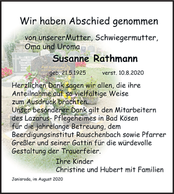 Traueranzeige von Susanne Rathmann von Super Sonntag Naumburg/Nebra