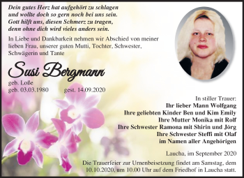 Traueranzeige von Susi Bermann von Wochenspiegel Naumburg/Nebra