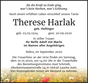 Traueranzeige von Therese Harlak von Wochenspiegel Naumburg/Nebra