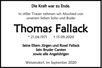 Traueranzeige von Thomas Fallack von Wochenspiegel Naumburg/Nebra