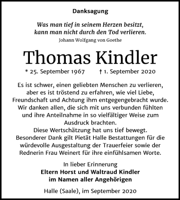Traueranzeige von Thomas Kindler von Mitteldeutsche Zeitung Halle/Saalkreis