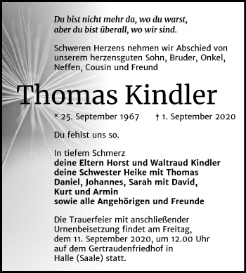 Traueranzeige von Thomas Kindler von Mitteldeutsche Zeitung Halle/Saalkreis