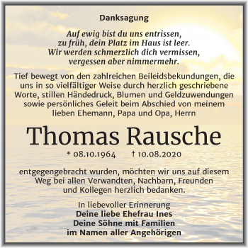 Traueranzeige von Thomas Rausche von Wochenspiegel Weißenfels