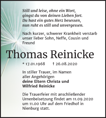 Traueranzeige von Thomas Reinicke von Mitteldeutsche Zeitung Bernburg