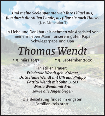 Traueranzeige von Thomas Wendt von Mitteldeutsche Zeitung Weißenfels