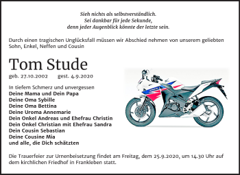 Traueranzeige von Tom Stude von Mitteldeutsche Zeitung Merseburg/Querfurt