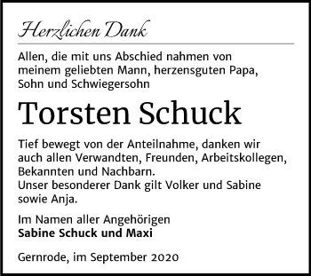 Traueranzeige von Torsten Schuck von Mitteldeutsche Zeitung Quedlinburg