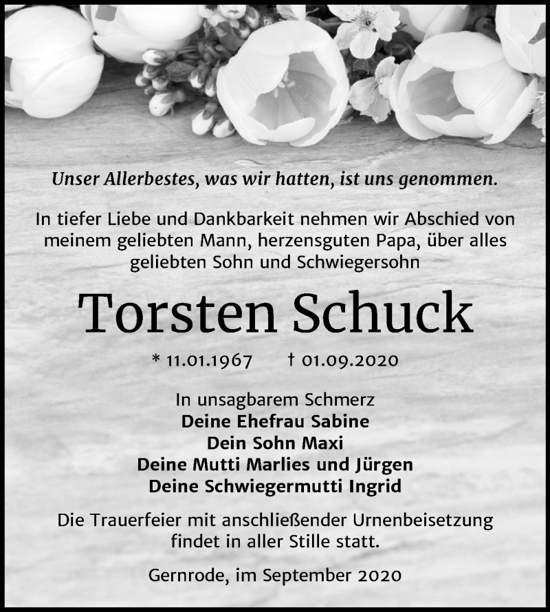  Traueranzeige für Torsten Schuck vom 05.09.2020 aus Mitteldeutsche Zeitung Quedlinburg