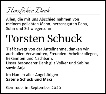 Traueranzeige von Torsten Schuck von Super Sonntag Quedlinburg