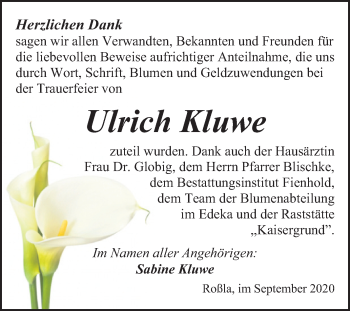 Traueranzeige von Ulrich Kluwe von Super Sonntag Sangerhausen
