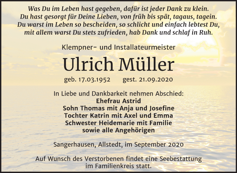  Traueranzeige für Ulrich Müller vom 26.09.2020 aus Mitteldeutsche Zeitung Sangerhausen