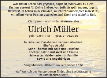 Traueranzeige von Ulrich Müller von Super Sonntag Sangerhausen