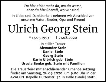 Traueranzeige von Ulrich Georg Stein von Mitteldeutsche Zeitung Halle/Saalkreis