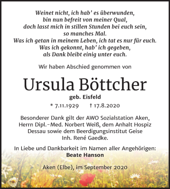 Traueranzeige von Ursula Böttcher von Super Sonntag Köthen