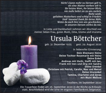 Traueranzeige von Ursula Böttcher von Wochenspiegel Weißenfels