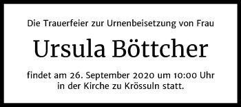 Traueranzeige von Ursula Böttcher von Wochenspiegel Weißenfels