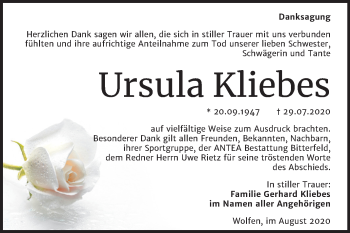 Traueranzeige von Ursula Kliebes von Wochenspiegel Bitterfeld