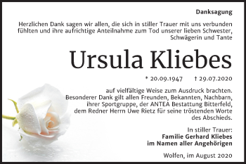 Traueranzeige von Ursula Kliebes von Mitteldeutsche Zeitung Bitterfeld