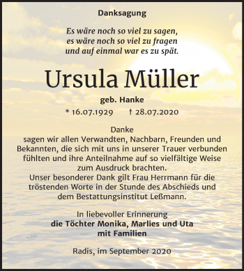 Traueranzeige von Ursula Müller von Mitteldeutsche Zeitung Wittenberg