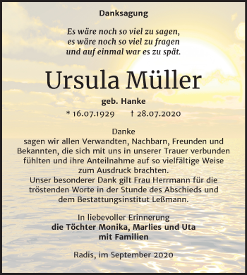Traueranzeige von Ursula Müller von Super Sonntag Wittenberg