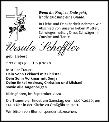Traueranzeige von Ursula Scheffler von Mitteldeutsche Zeitung Weißenfels