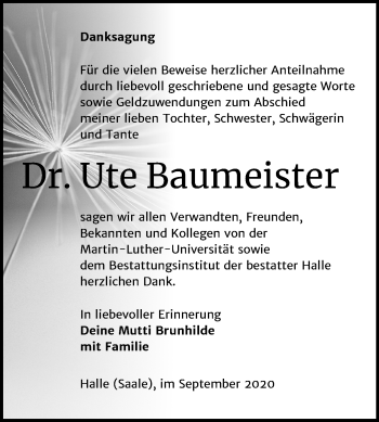 Traueranzeige von Ute Baumeister von Mitteldeutsche Zeitung Halle/Saalkreis