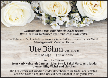 Traueranzeige von Ute Böhm von Wochenspiegel Bitterfeld