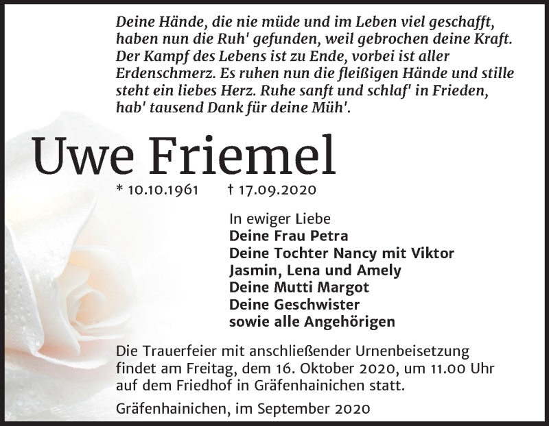  Traueranzeige für Uwe Friemel vom 26.09.2020 aus Super Sonntag Wittenberg