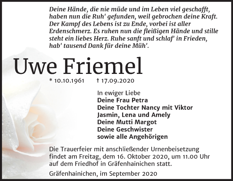  Traueranzeige für Uwe Friemel vom 26.09.2020 aus Mitteldeutsche Zeitung Wittenberg