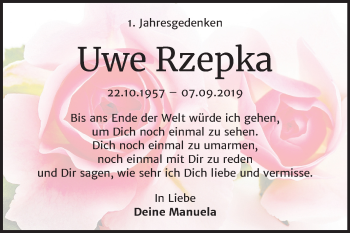 Traueranzeige von Uwe Rzepka von Super Sonntag Wittenberg