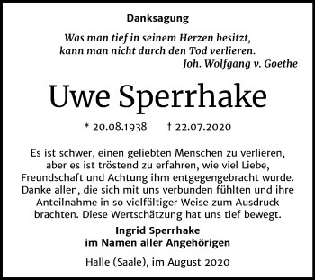 Traueranzeige von Uwe Sperrhake von Mitteldeutsche Zeitung Halle/Saalkreis