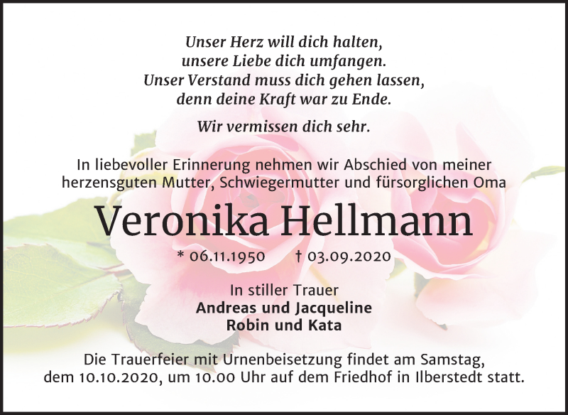  Traueranzeige für Veronika Hellmann vom 12.09.2020 aus Mitteldeutsche Zeitung Bernburg